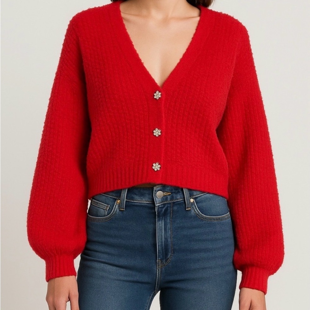 ❤️ No Boundaries Red Knit Cardigan | Rhinestone Buttons | Size L (11–13)(A189)✨
